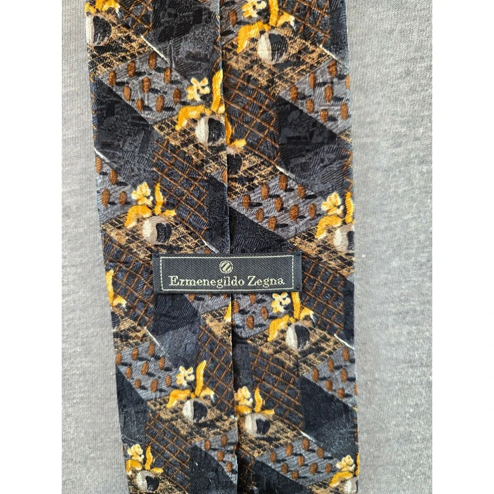 Ermenegildo Zegna Silk Necktie Mens OS Black Gold Geometric Floral Made in Italy